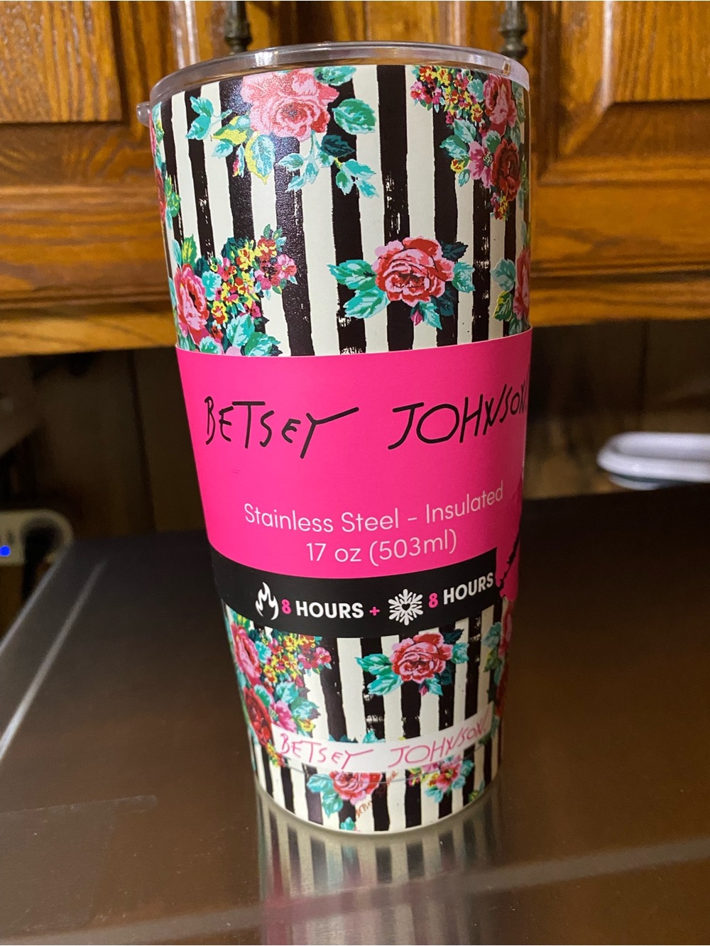 Betsey Johnson Black & White Striped Floral Tumbler with Hot Pink Logo - Picture 3 of 10